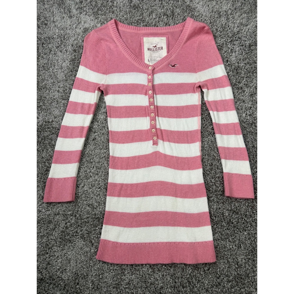 Hollister Pink White Striped Henley Sweater V-Neck Ribbed Knit Top Large
